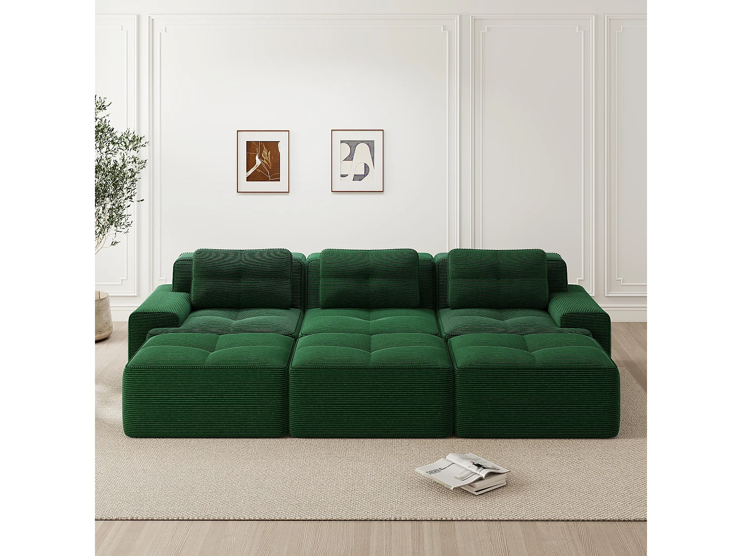 Canapé modulable 3 places avec 3 poufs et 3 coussins - Velours côtelé - Vert