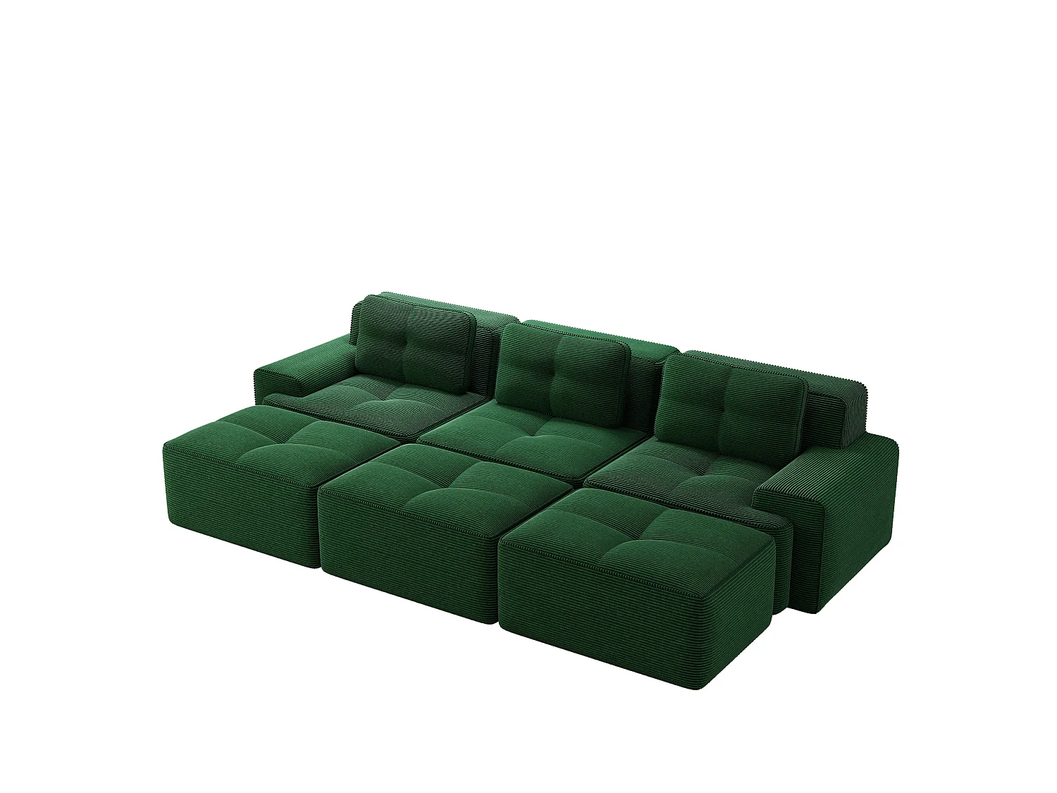 Canapé modulable 3 places avec 3 poufs et 3 coussins - Velours côtelé - Vert