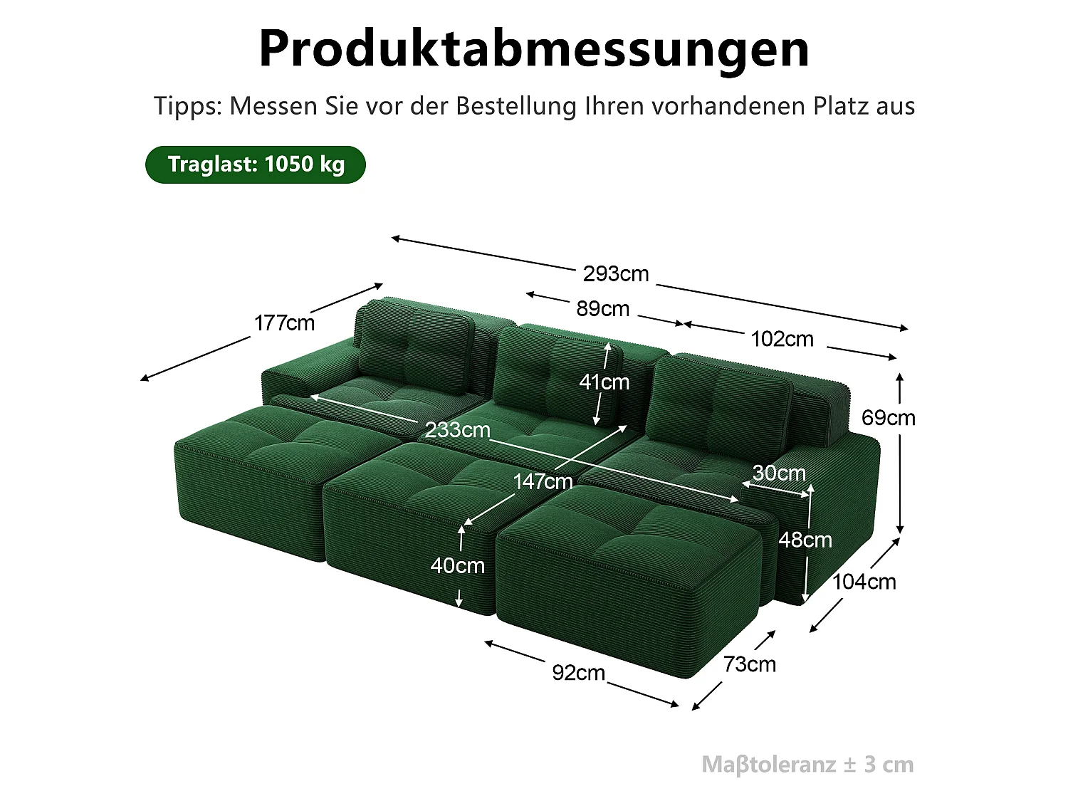 Canapé modulable 3 places avec 3 poufs et 3 coussins - Velours côtelé - Vert