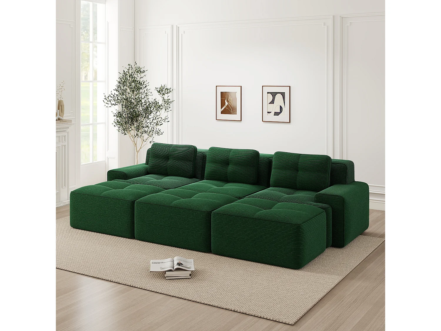 Canapé modulable 3 places avec 3 poufs et 3 coussins - Velours côtelé - Vert