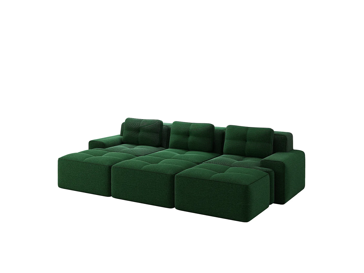 Canapé modulable 3 places avec 3 poufs et 3 coussins - Velours côtelé - Vert