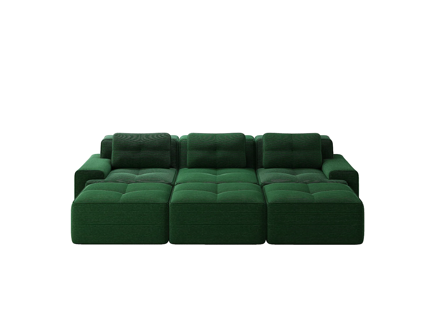 Canapé modulable 3 places avec 3 poufs et 3 coussins - Velours côtelé - Vert