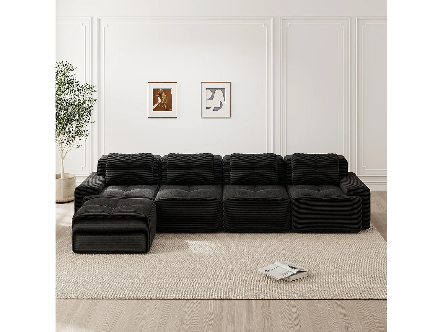 Sofá modular de 4 plazas, 382 cm, de pana con otomana - Negro