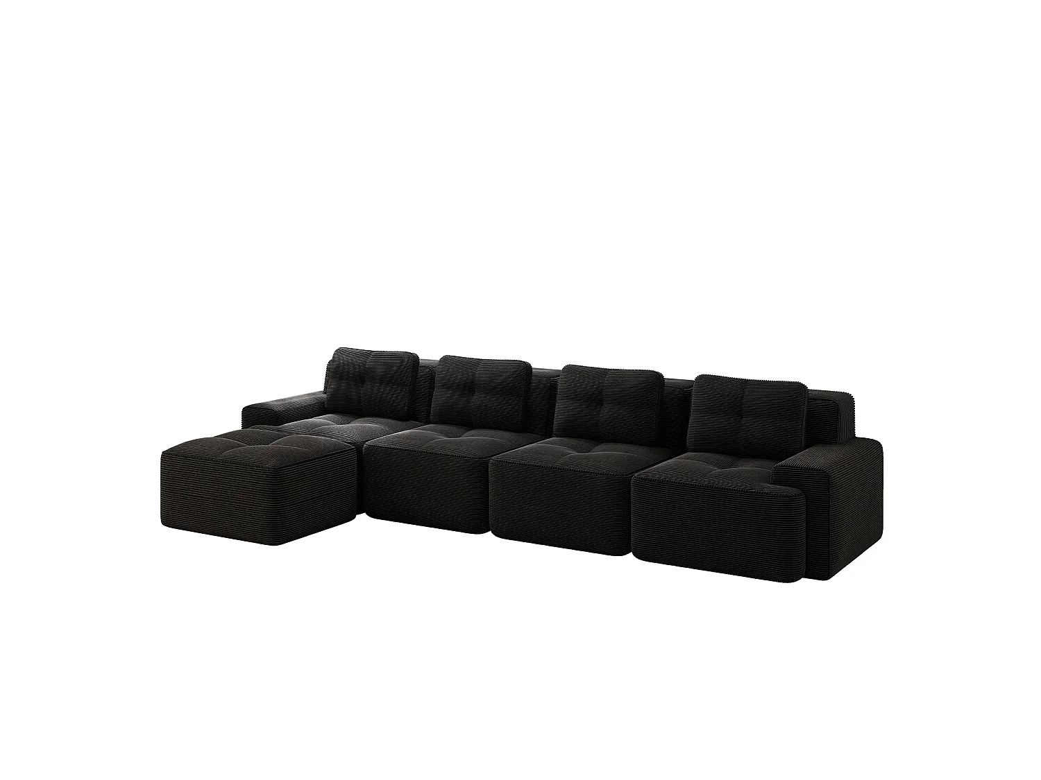 Sofá modular de 4 plazas, 382 cm, de pana con otomana - Negro