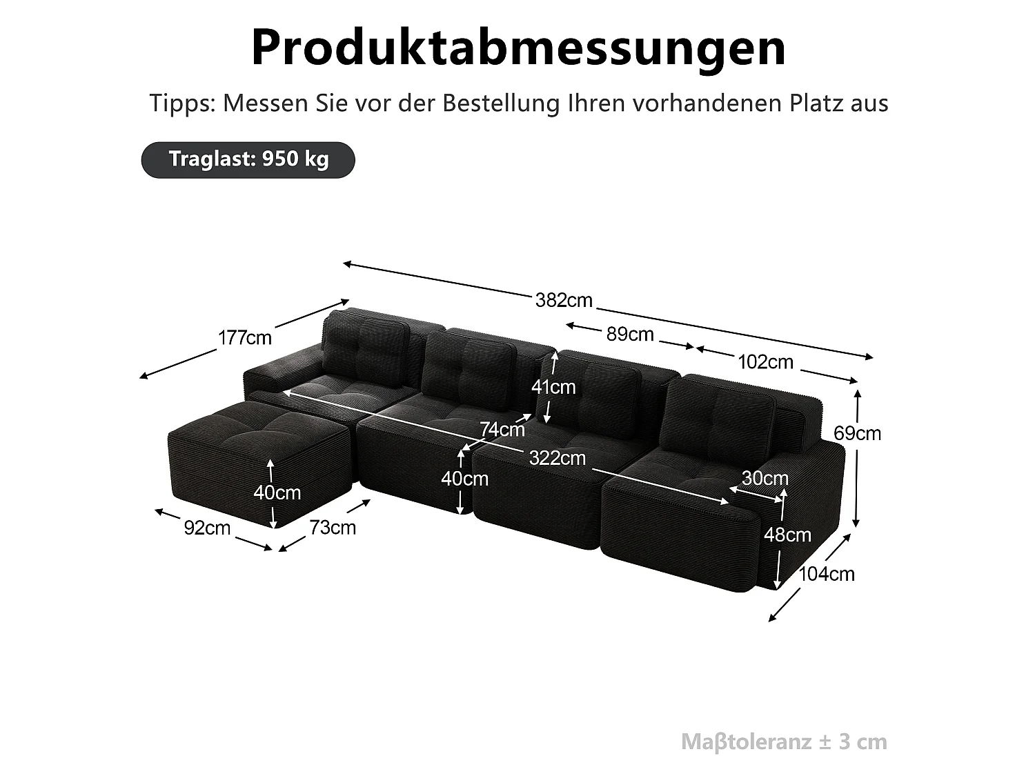 Sofá modular de 4 plazas, 382 cm, de pana con otomana - Negro
