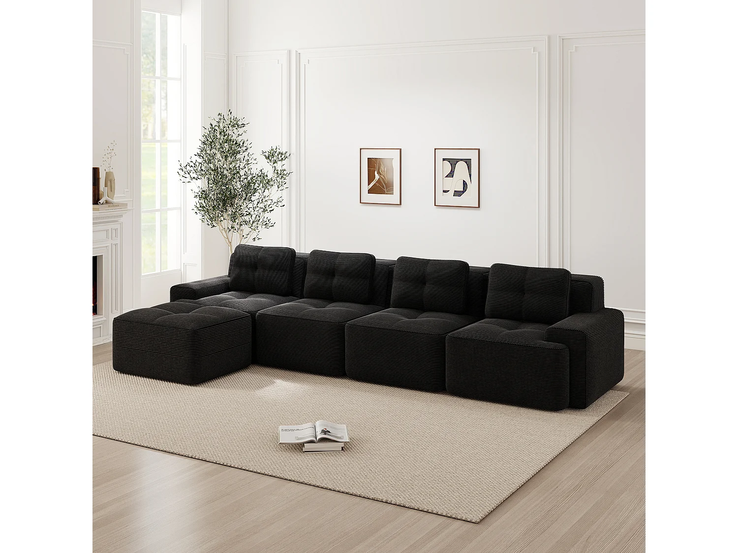 Sofá modular de 4 plazas, 382 cm, de pana con otomana - Negro