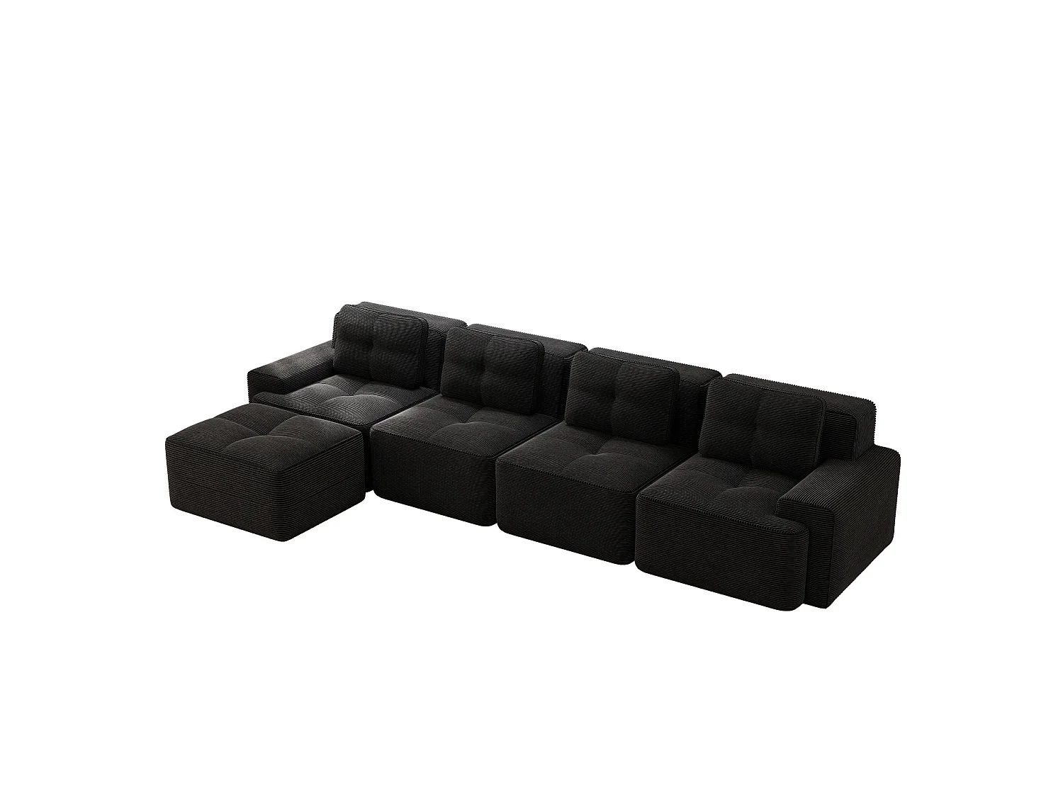 Sofá modular de 4 plazas, 382 cm, de pana con otomana - Negro