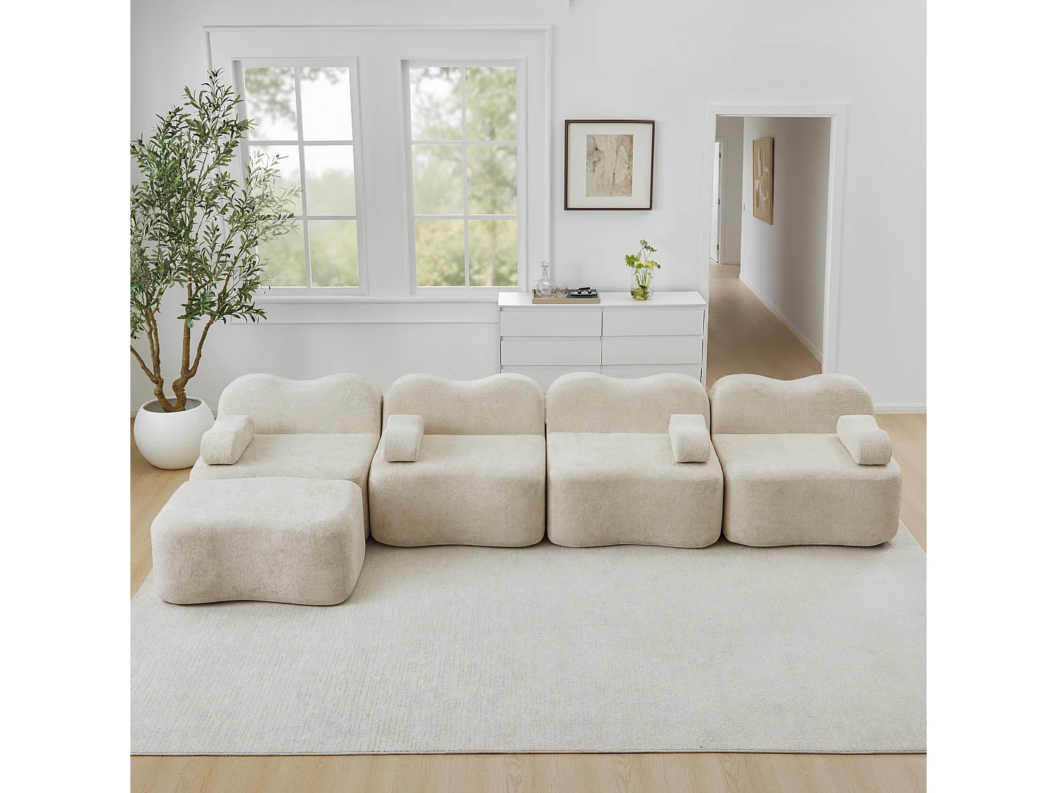 Sofá modular de 4 plazas, 384 cm, en terciopelo con otomana - Beige
