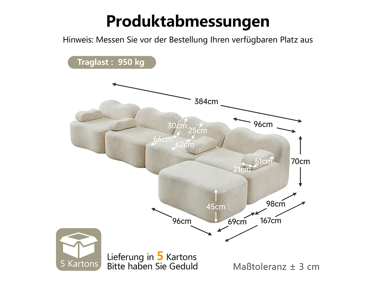 Sofá modular de 4 plazas, 384 cm, en terciopelo con otomana - Beige