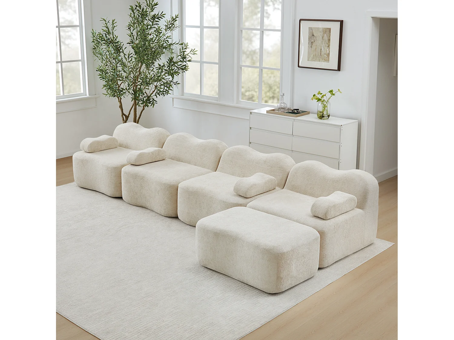 Sofá modular de 4 plazas, 384 cm, en terciopelo con otomana - Beige