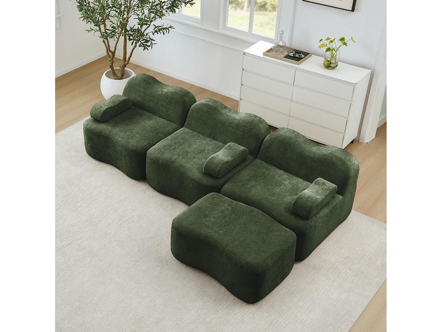 Sofá modular de 3 plazas de terciopelo con reposabrazos y otomana extraíbles - Verde