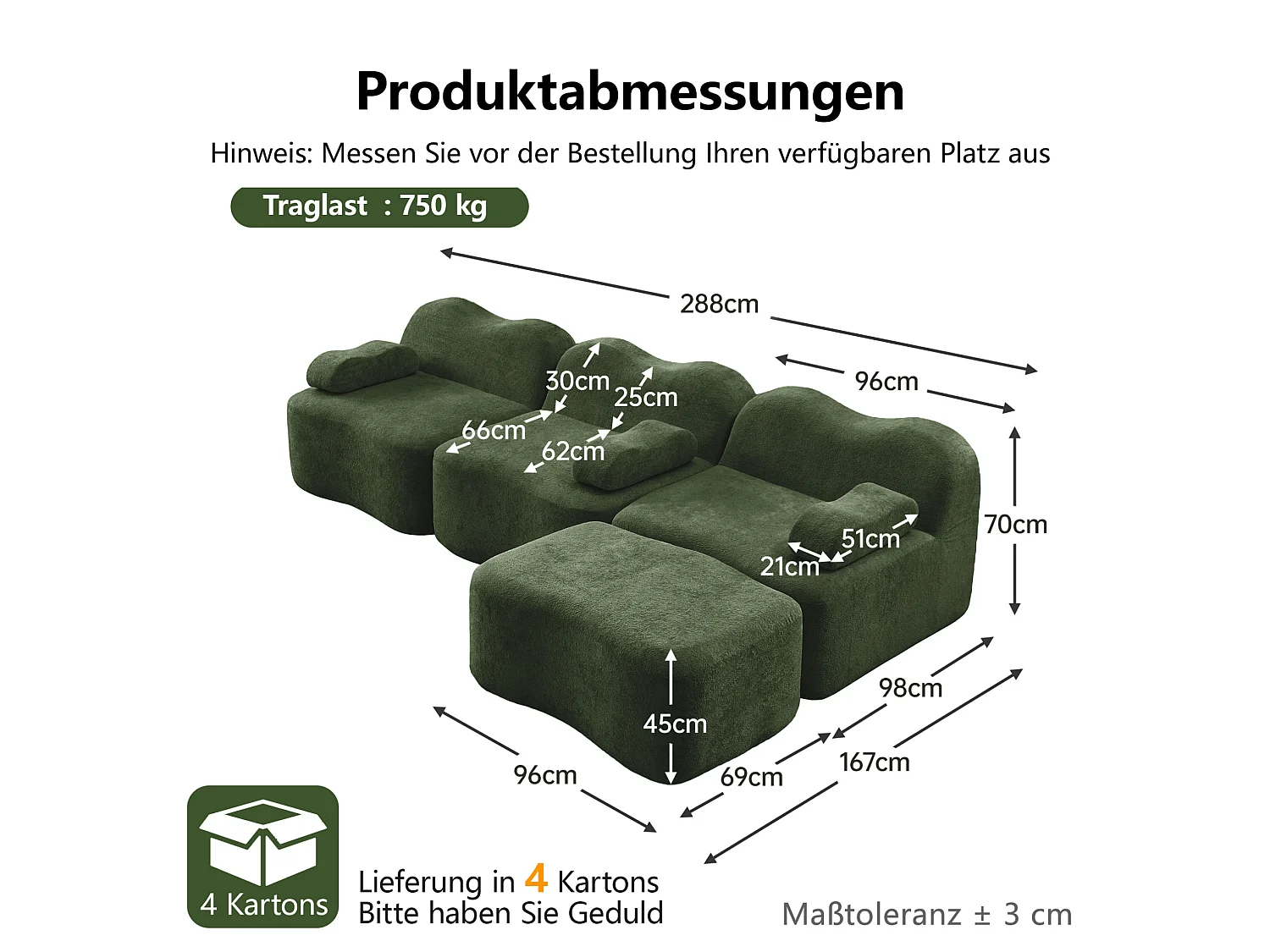 Sofá modular de 3 plazas de terciopelo con reposabrazos y otomana extraíbles - Verde