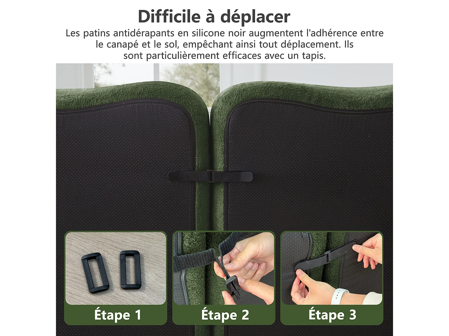 Sofá modular de 3 plazas de terciopelo con reposabrazos y otomana extraíbles - Verde