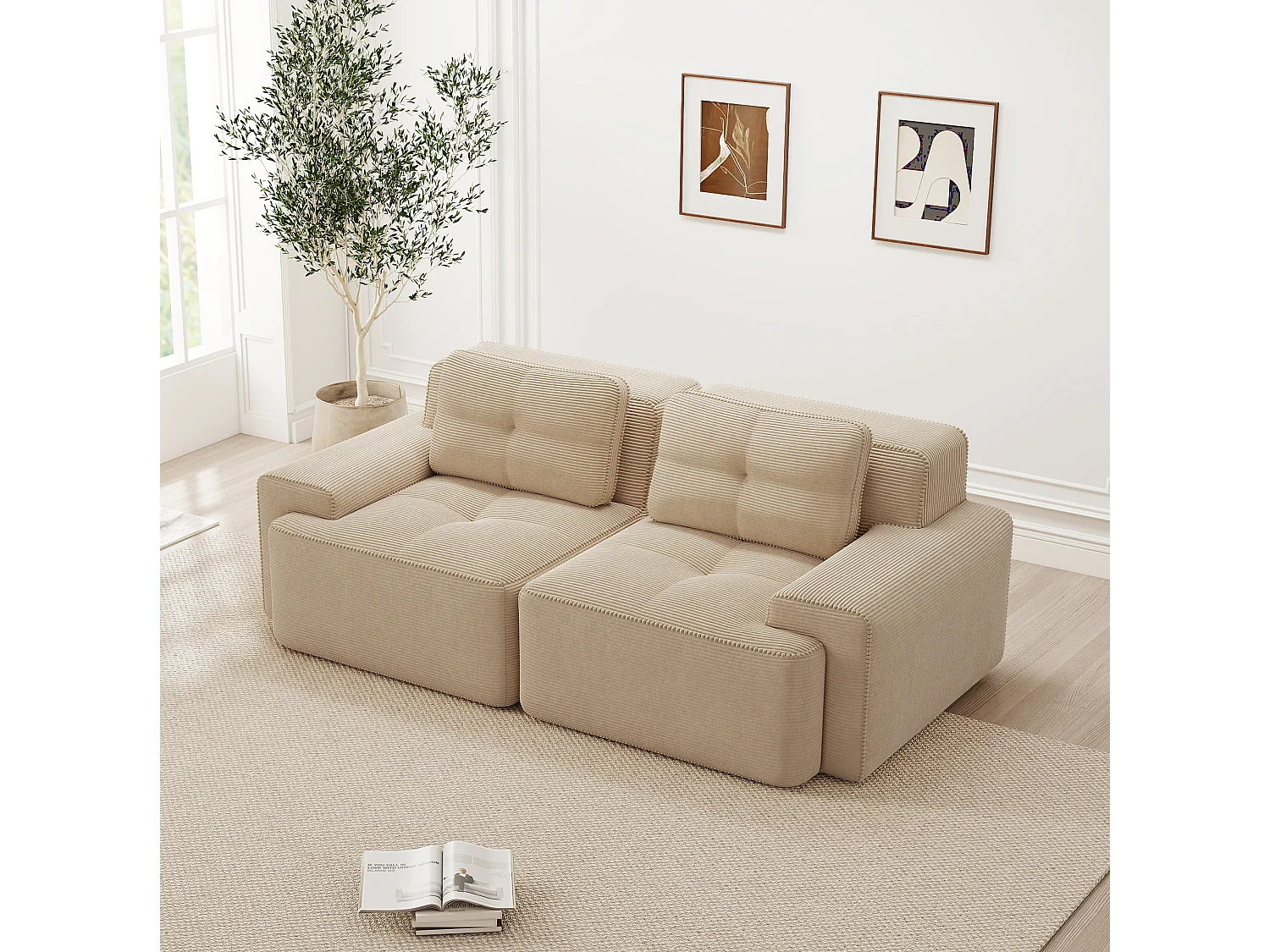 Canapé modulable 2 places en velours côtelé à assise profonde - Beige