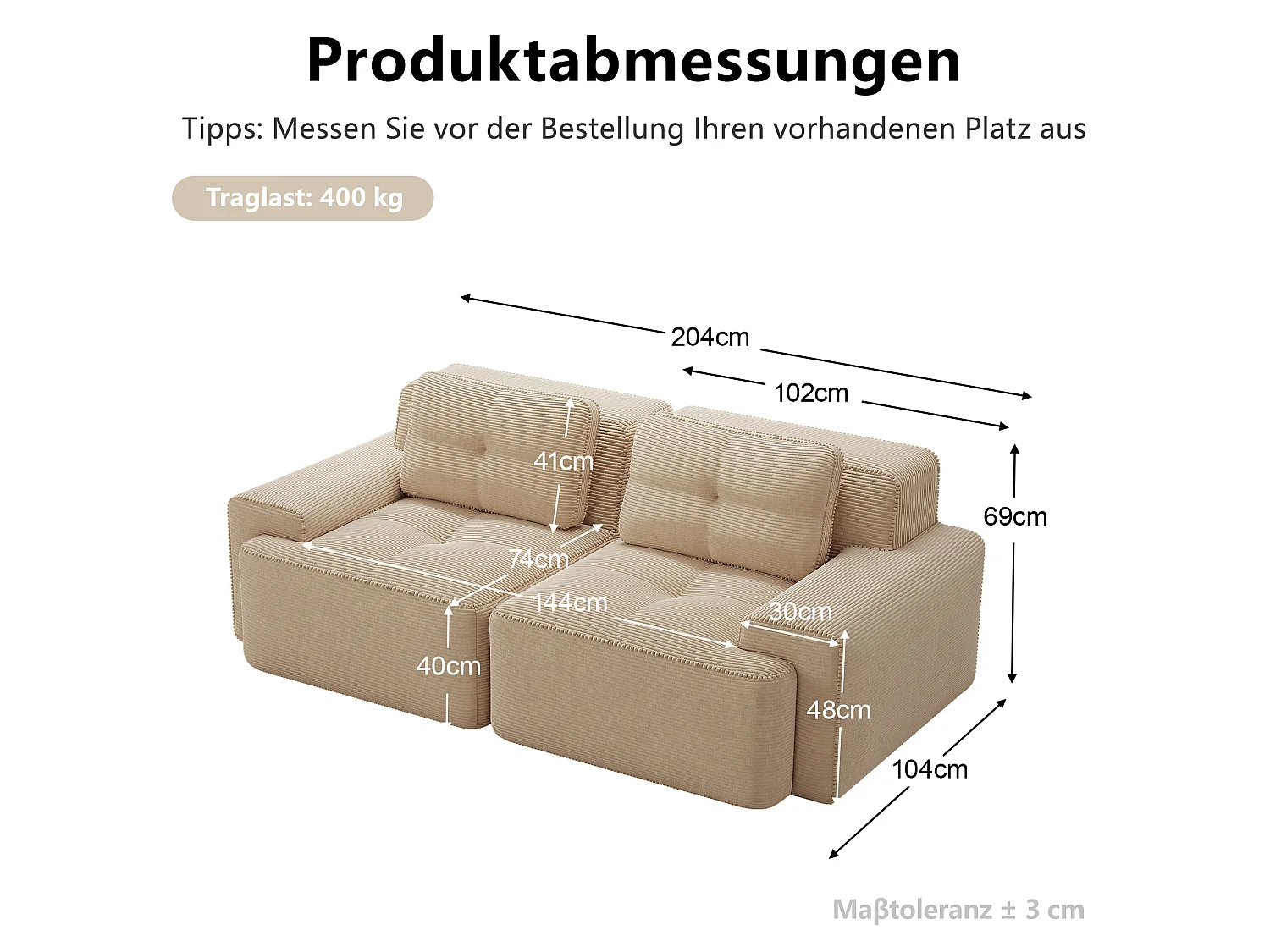 Canapé modulable 2 places en velours côtelé à assise profonde - Beige