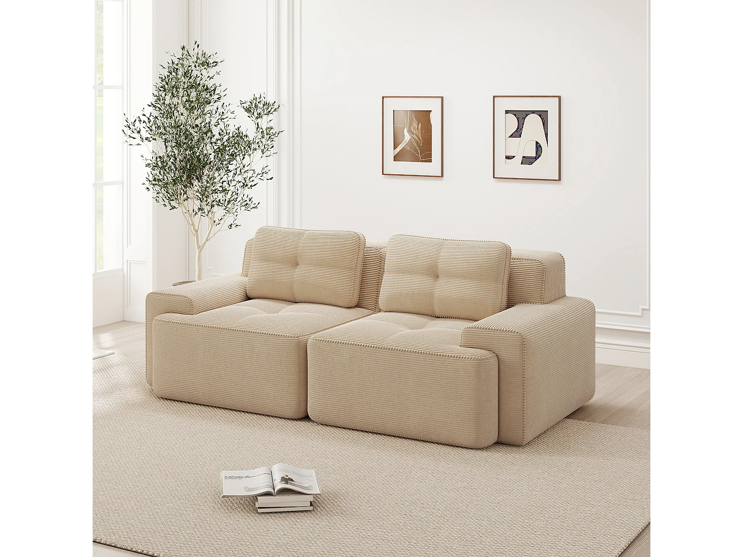 Canapé modulable 2 places en velours côtelé à assise profonde - Beige