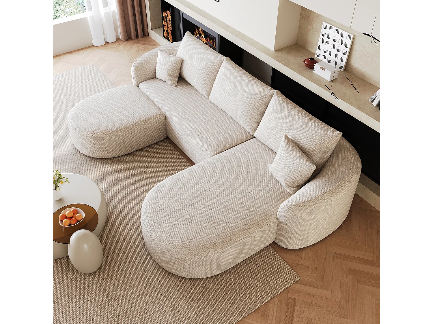 Canapé d'angle modulable en L 3 places en chenille avec pouf - Blanc