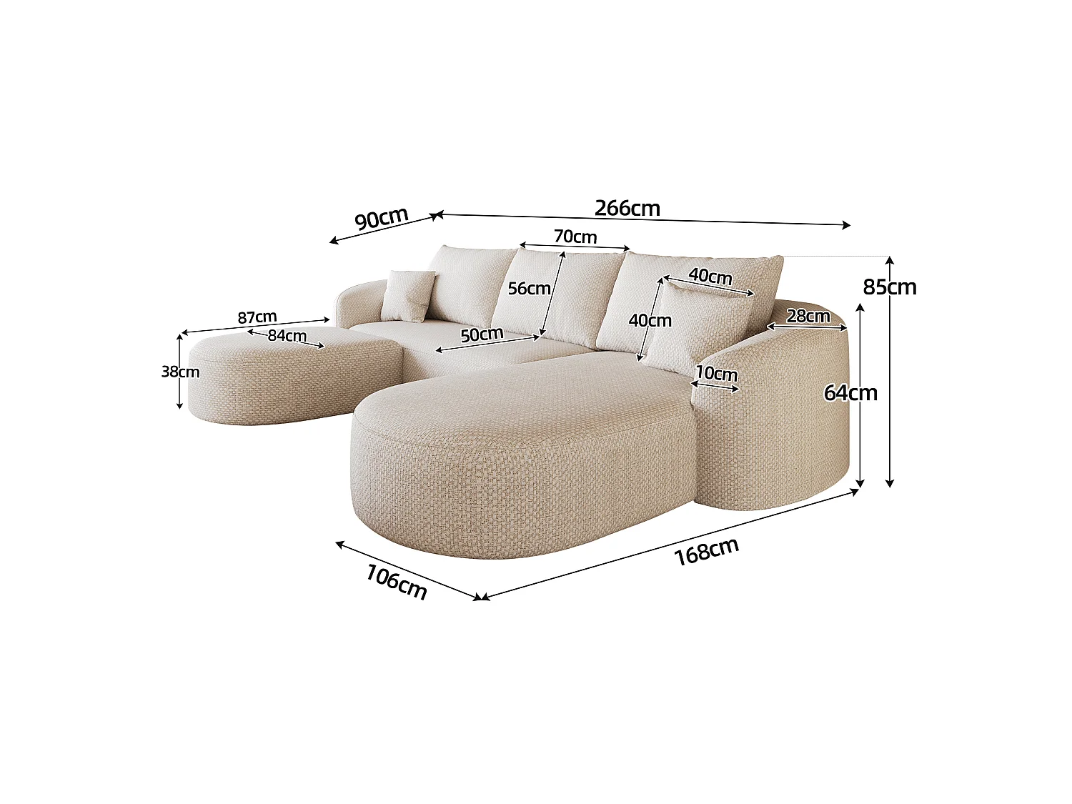 Canapé d'angle modulable en L 3 places en chenille avec pouf - Blanc