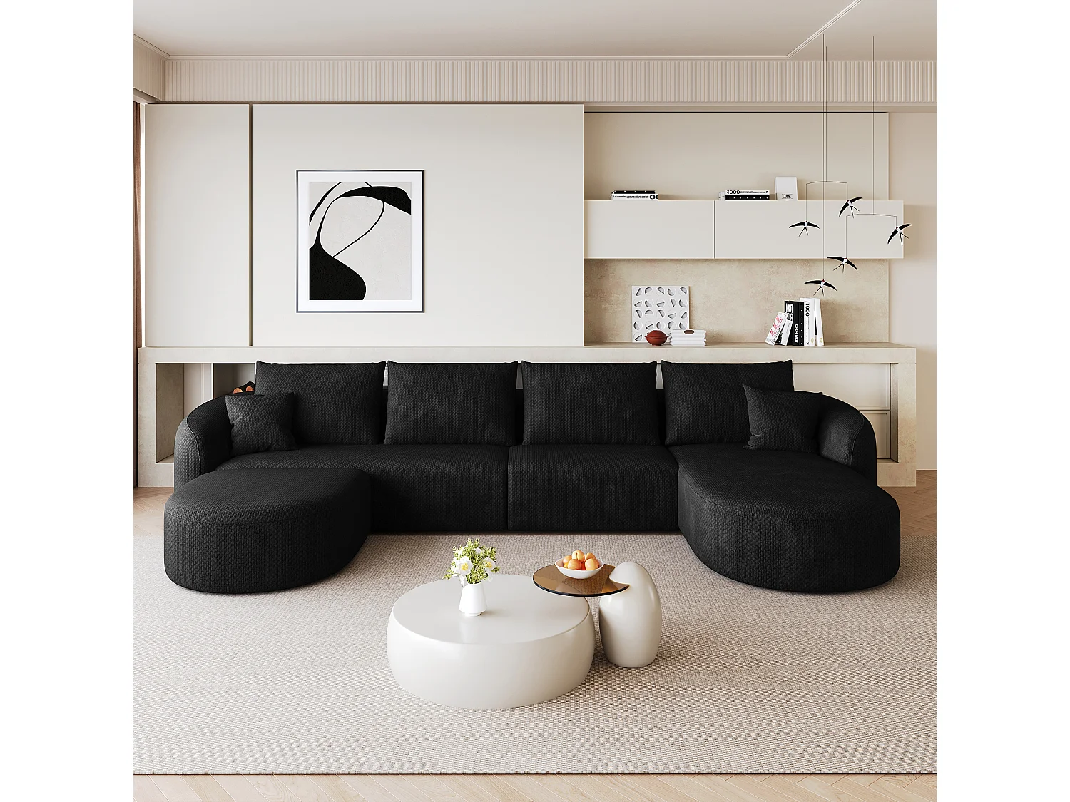 Canapé d'angle modulable en L 4 places en chenille avec pouf - Noir