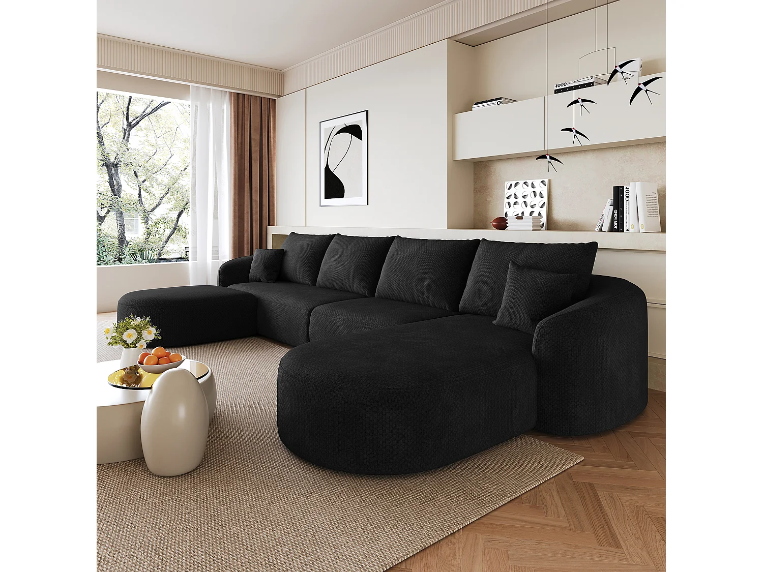 Canapé d'angle modulable en L 4 places en chenille avec pouf - Noir