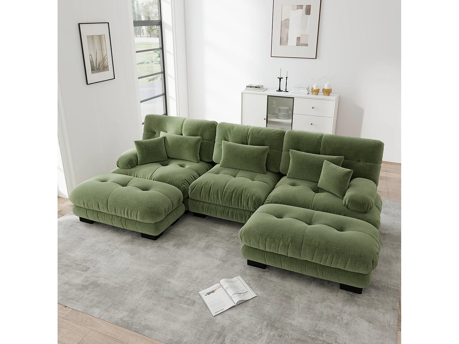 Canapé modulable 3 places 313 cm avec 2 poufs - Tissu chenille vert