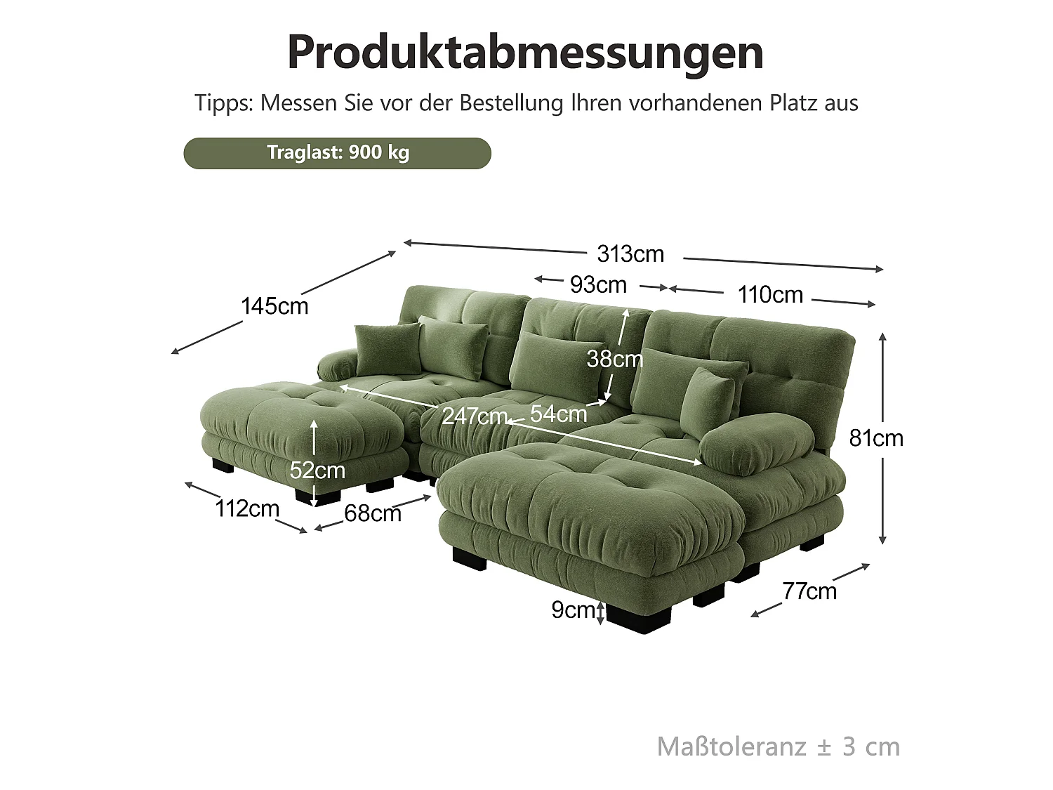 Canapé modulable 3 places 313 cm avec 2 poufs - Tissu chenille vert