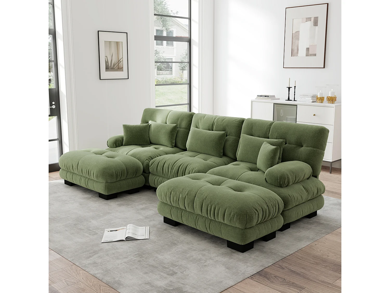 Canapé modulable 3 places 313 cm avec 2 poufs - Tissu chenille vert