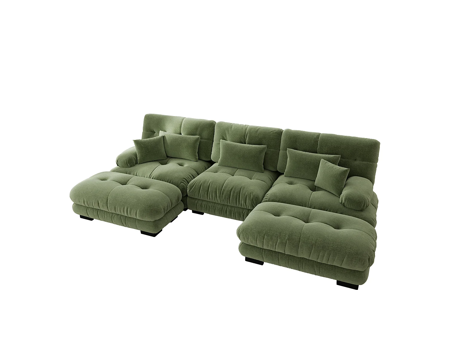 Canapé modulable 3 places 313 cm avec 2 poufs - Tissu chenille vert