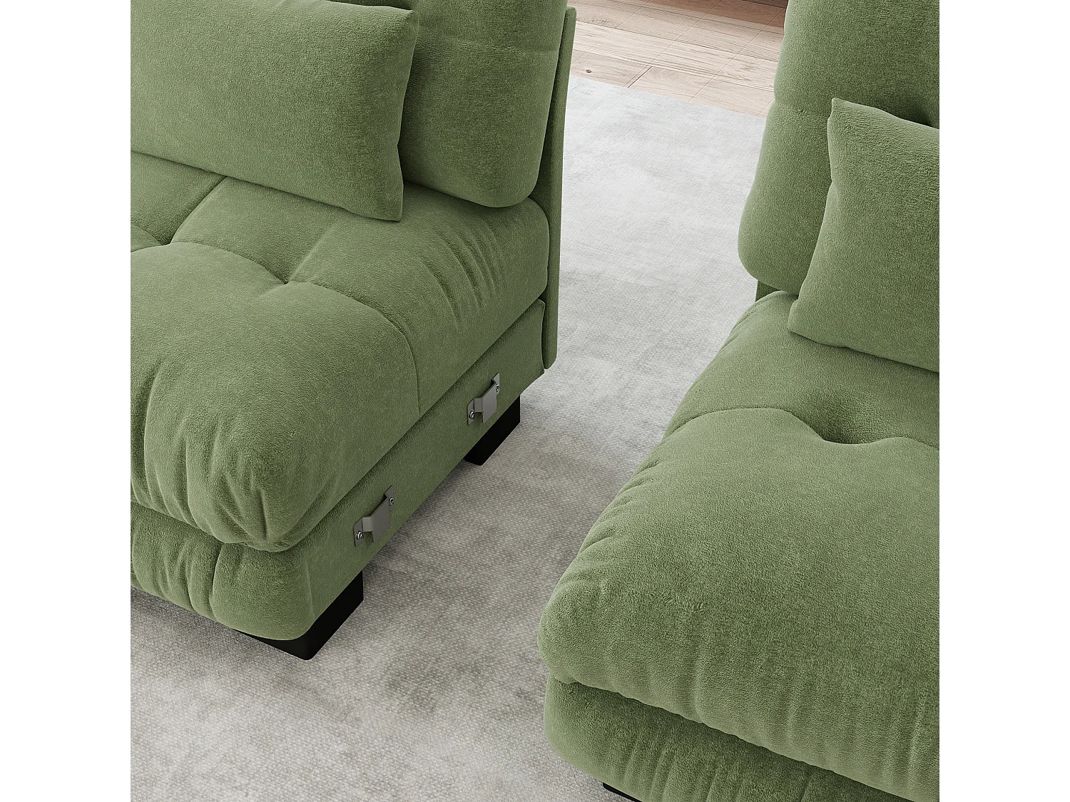 Canapé modulable 3 places 313 cm avec 2 poufs - Tissu chenille vert