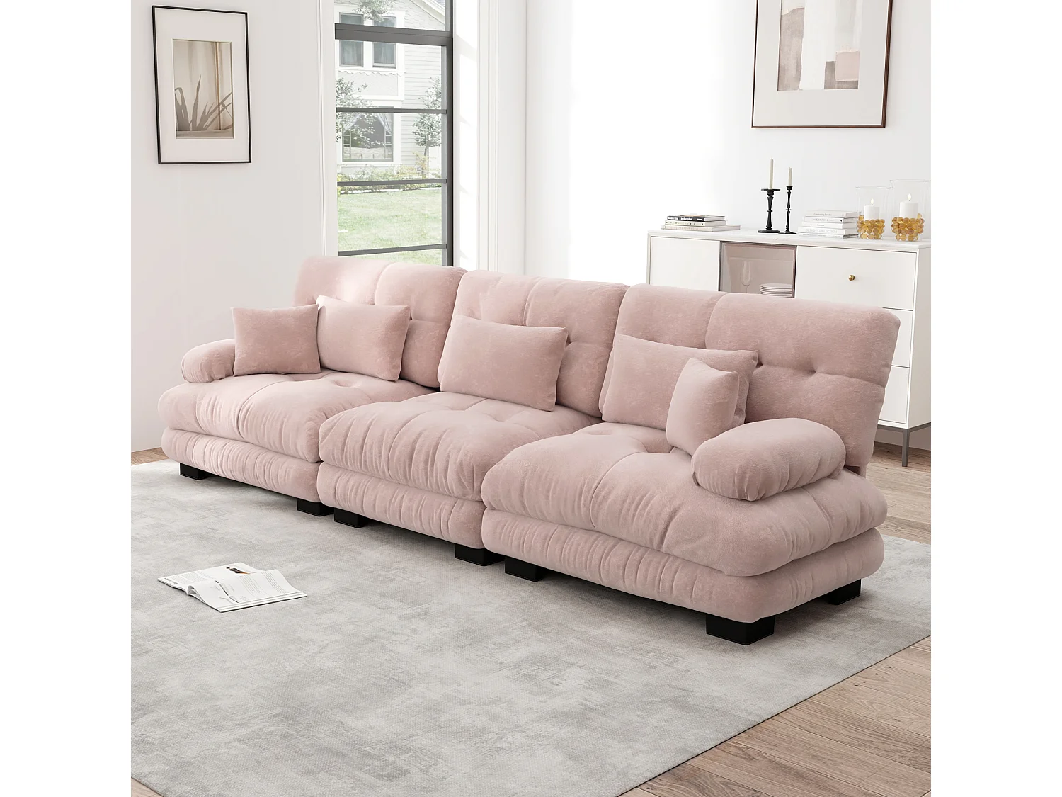 Canapé modulable 3 places en chenille avec assise profonde - Rose