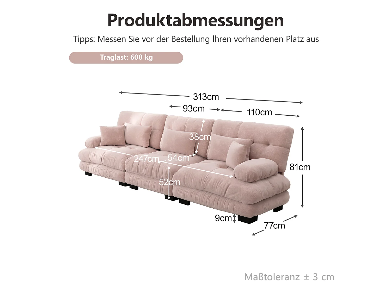 Canapé modulable 3 places en chenille avec assise profonde - Rose