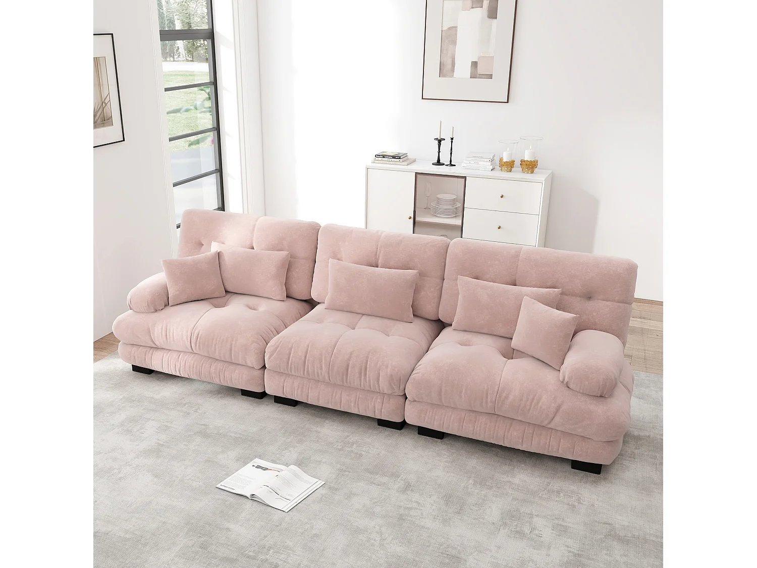 Canapé modulable 3 places en chenille avec assise profonde - Rose
