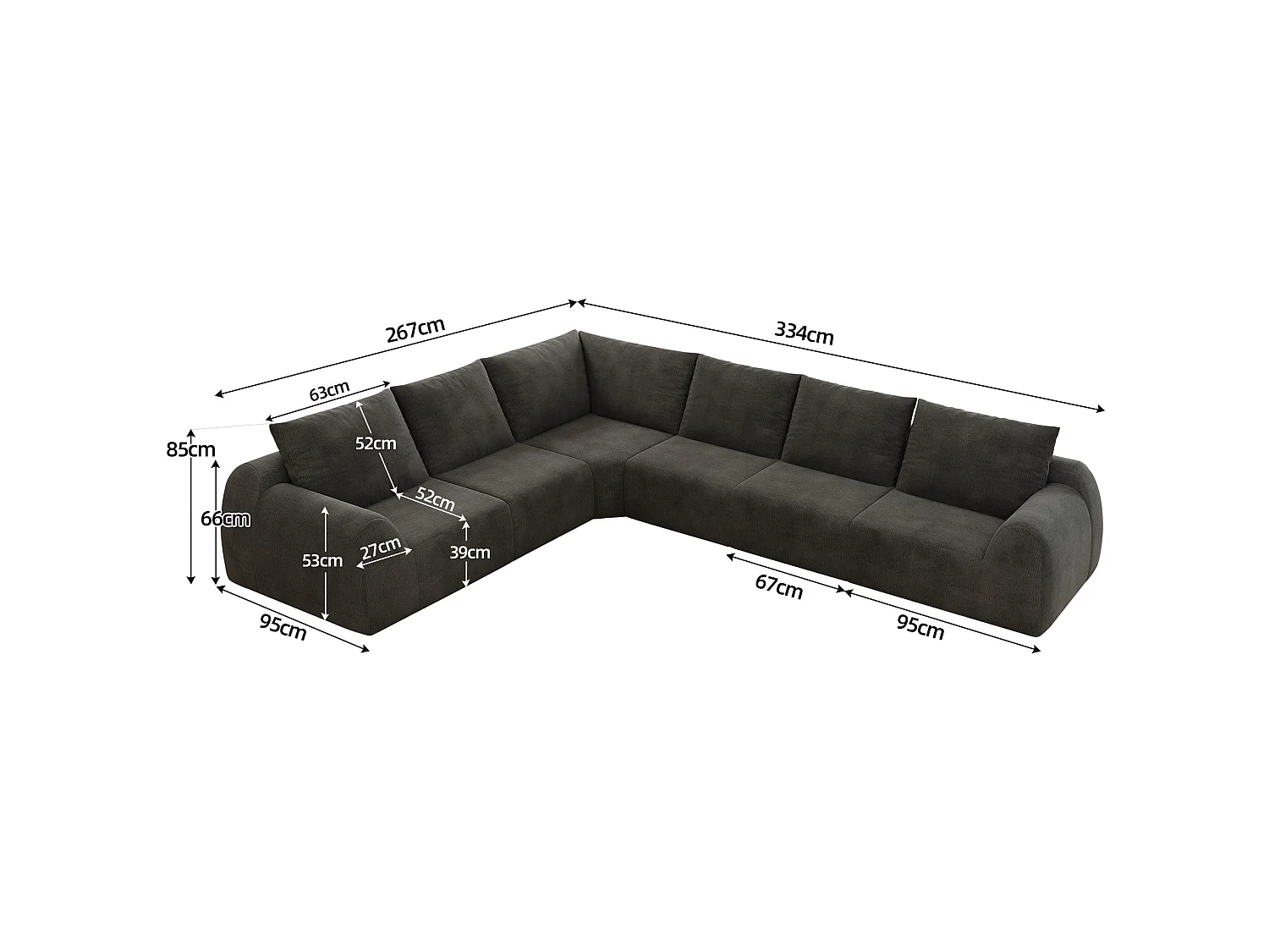 Canapé d'angle modulable 6 places - Canapé compressé en chenille gris foncé