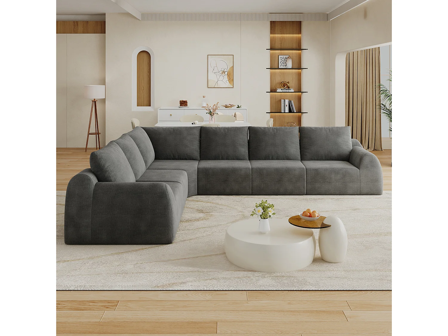 Canapé d'angle modulable 6 places - Canapé compressé en chenille gris foncé