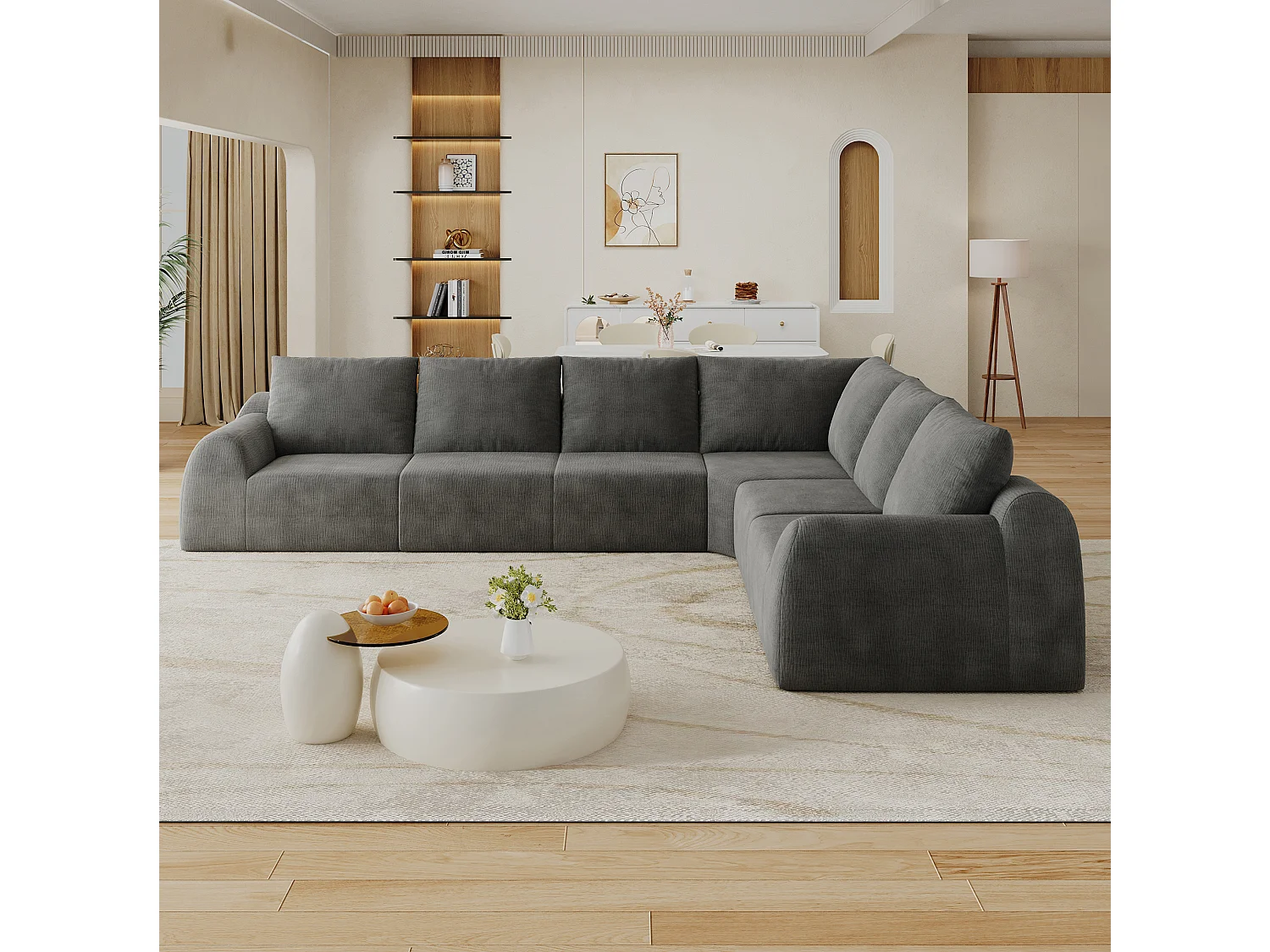 Canapé d'angle modulable 6 places - Canapé compressé en chenille gris foncé