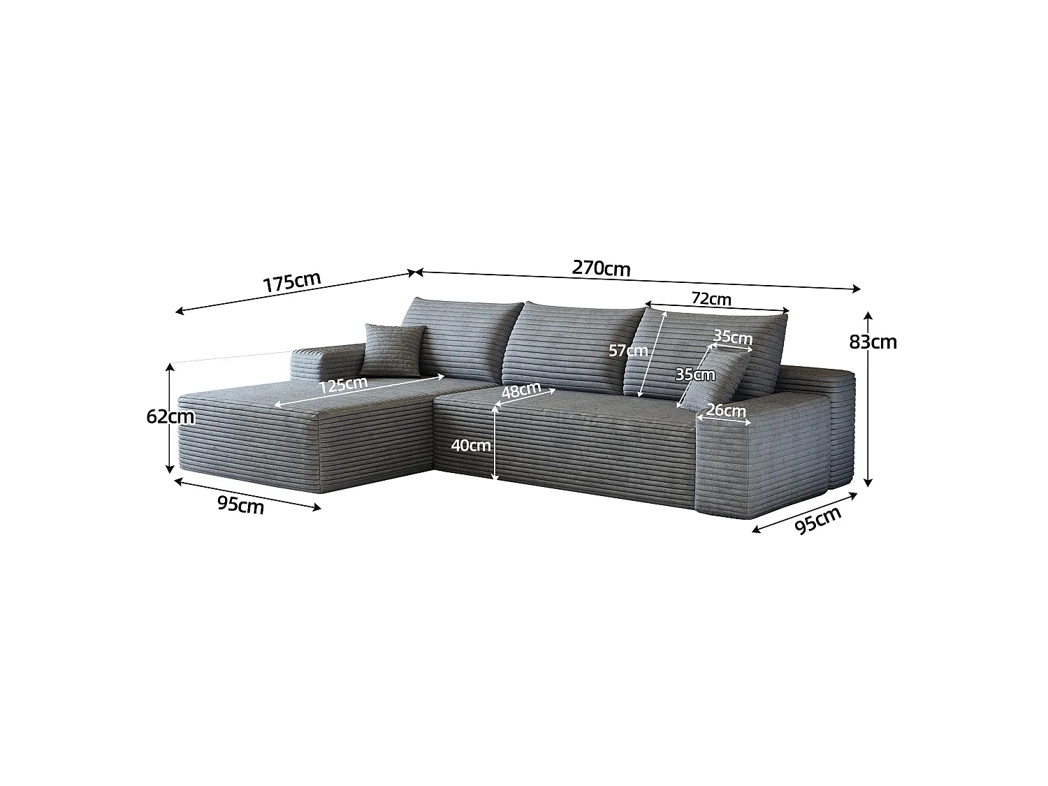 Canapé d'angle modulable 3 places 270 cm avec méridienne à gauche - Gris