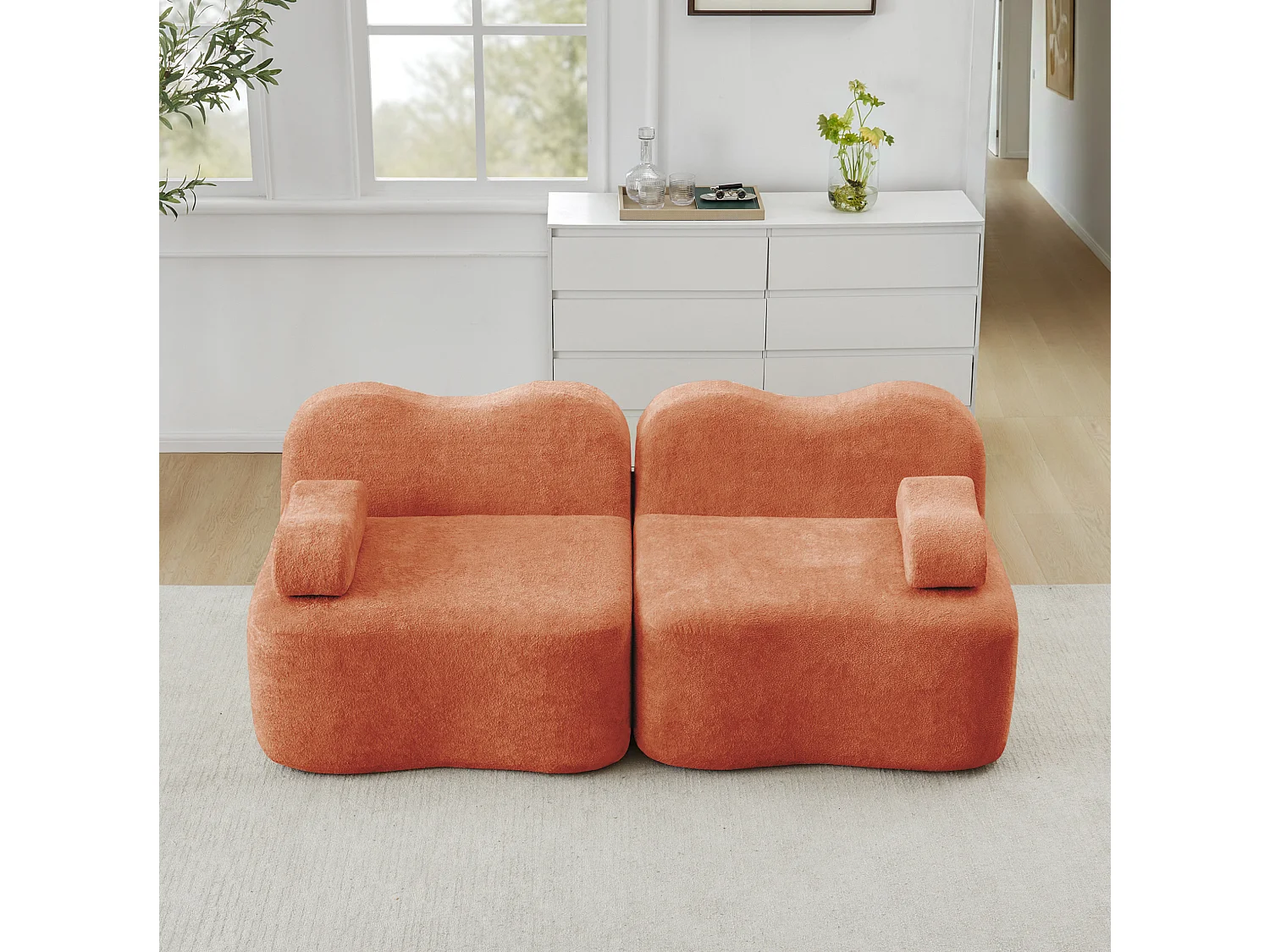 Canapé modulable 2 places en velours - Forme ondulée - Orange