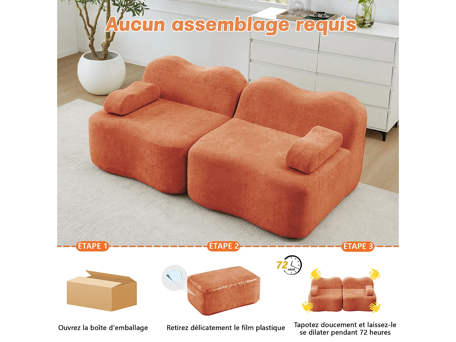 Canapé modulable 2 places en velours - Forme ondulée - Orange