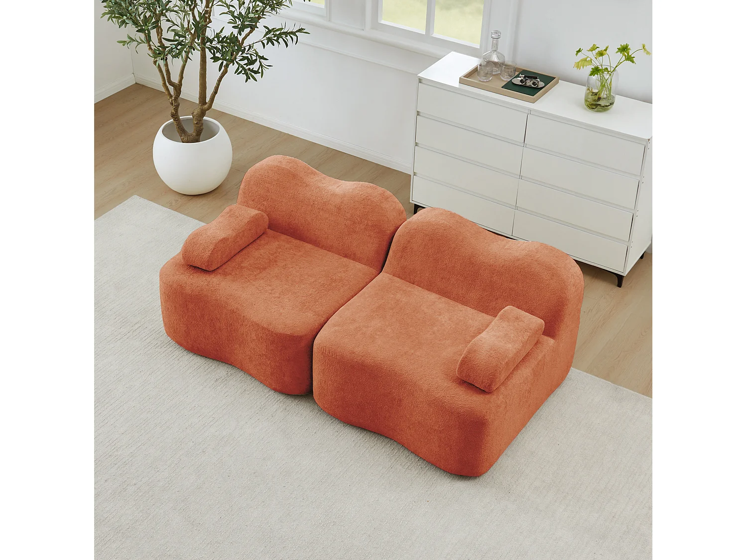Canapé modulable 2 places en velours - Forme ondulée - Orange