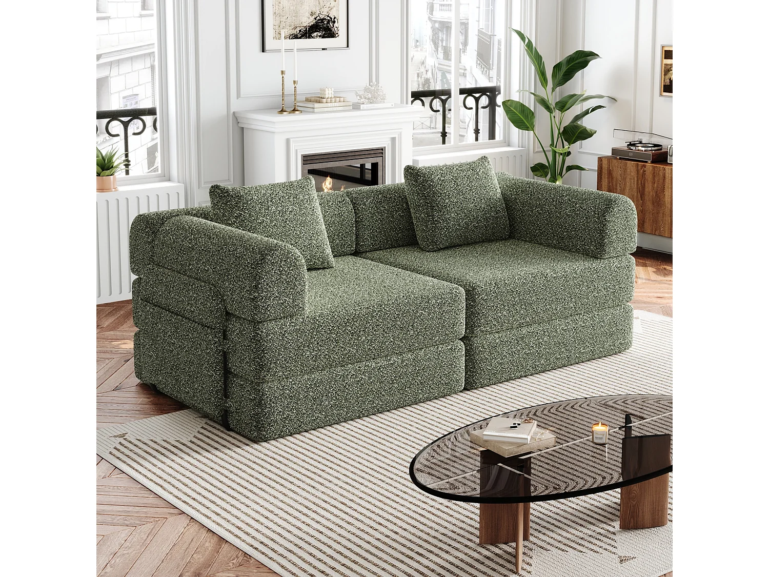 Sofá convertible de 2 plazas de chenilla - Configuraciones múltiples - Verde