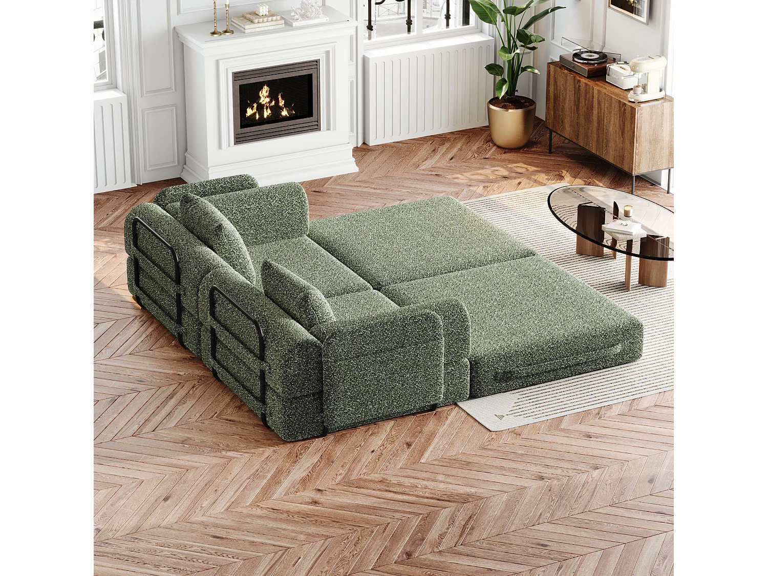 Sofá convertible de 2 plazas de chenilla - Configuraciones múltiples - Verde