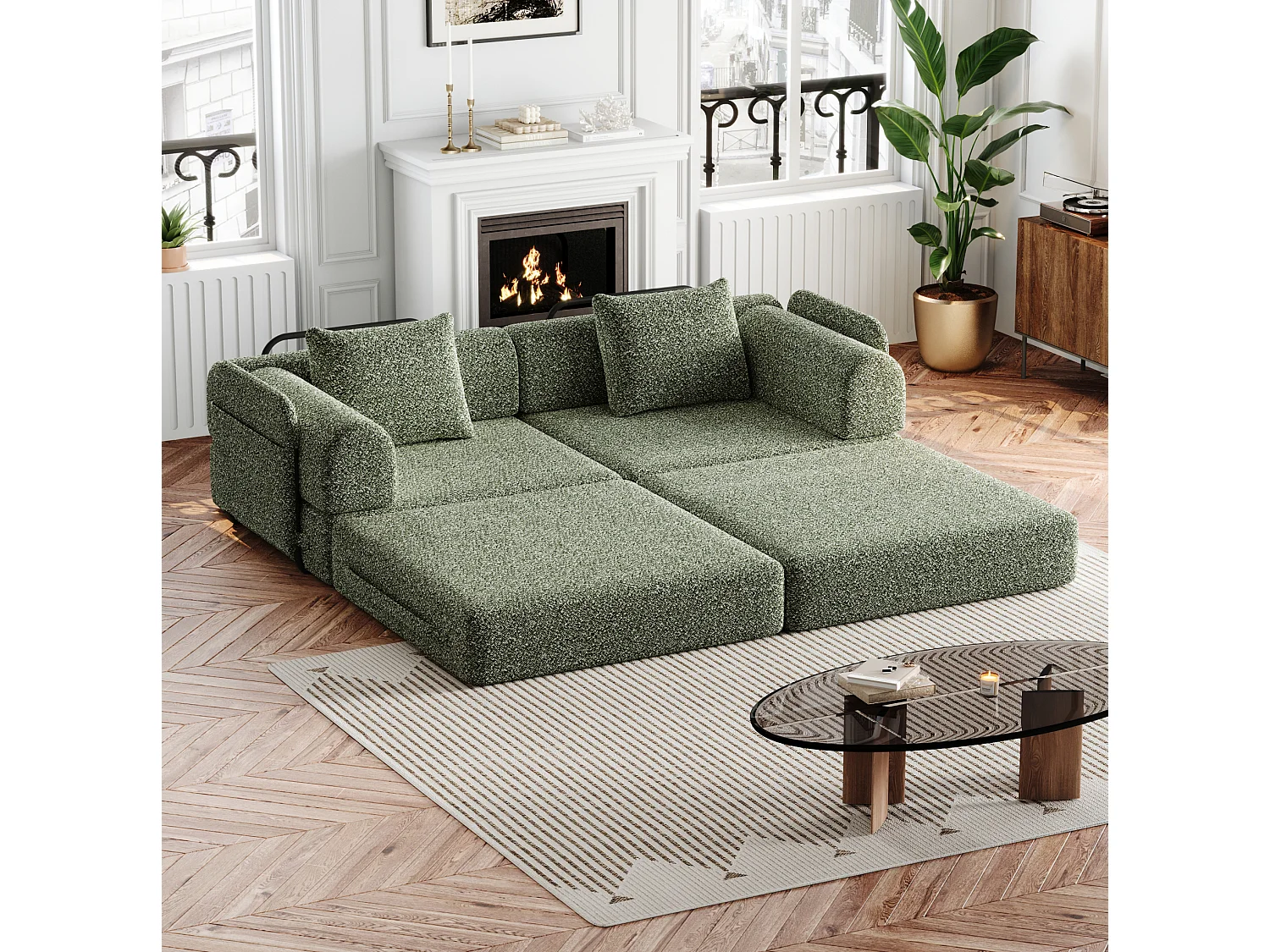 Sofá convertible de 2 plazas de chenilla - Configuraciones múltiples - Verde