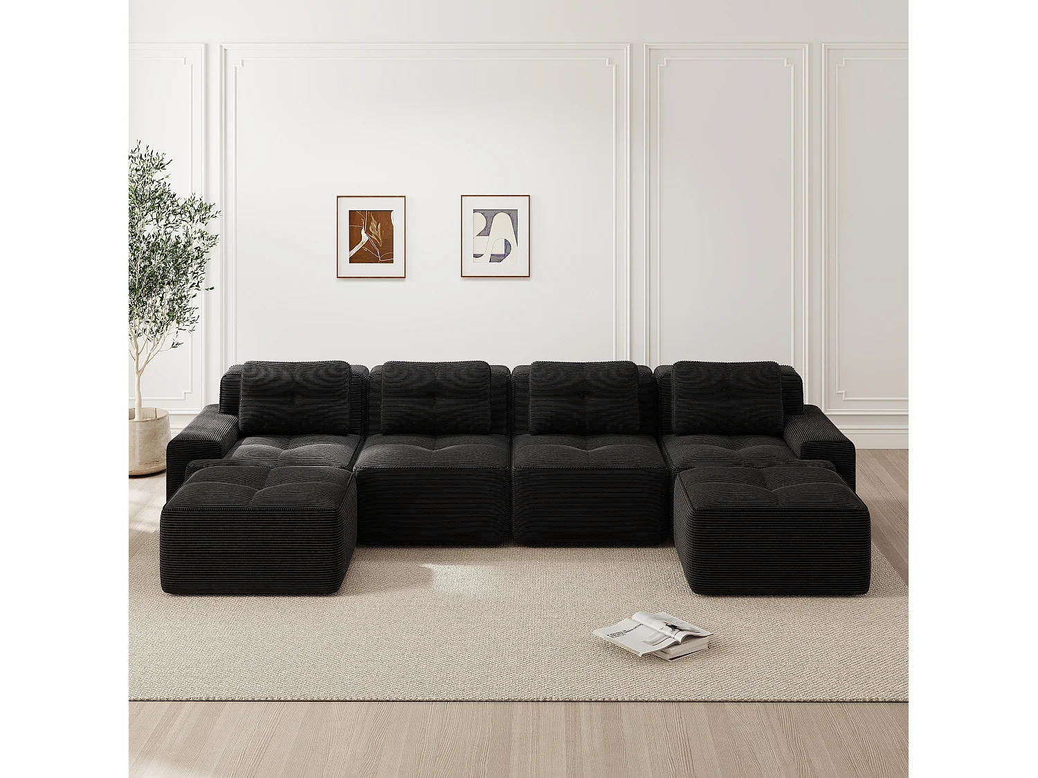 Sofá modular de 4 plazas, 382 cm, de pana con 2 otomanas - Negro