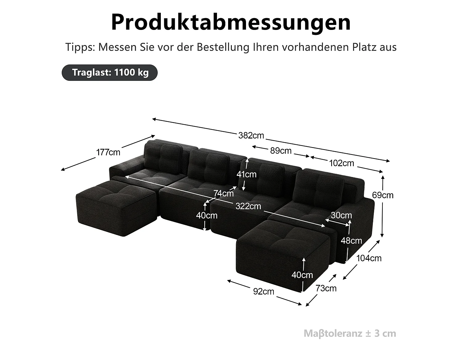 Sofá modular de 4 plazas, 382 cm, de pana con 2 otomanas - Negro