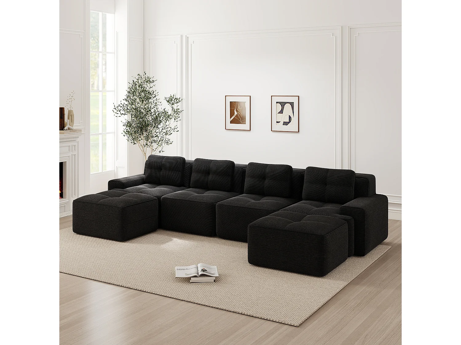 Sofá modular de 4 plazas, 382 cm, de pana con 2 otomanas - Negro