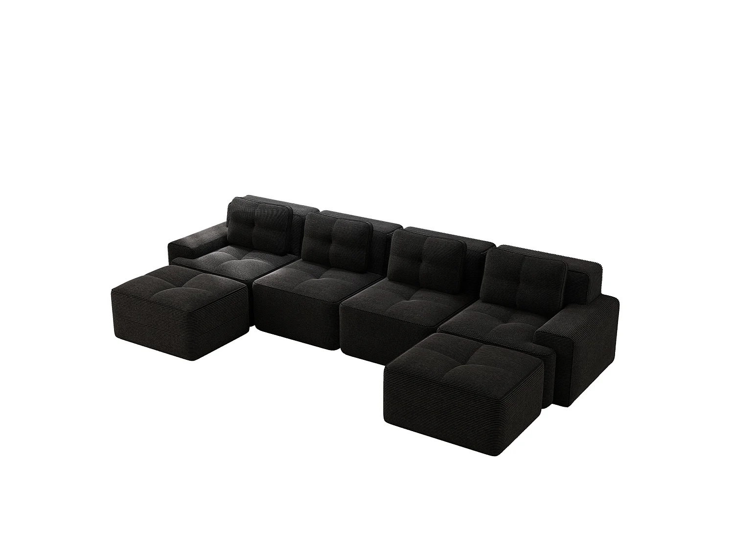 Sofá modular de 4 plazas, 382 cm, de pana con 2 otomanas - Negro