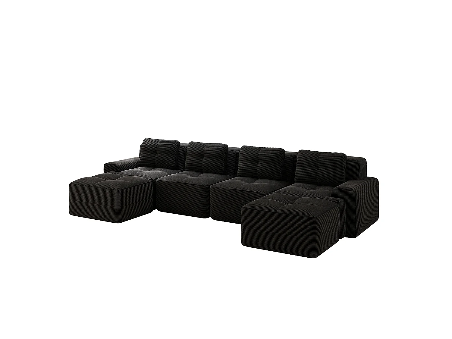 Sofá modular de 4 plazas, 382 cm, de pana con 2 otomanas - Negro