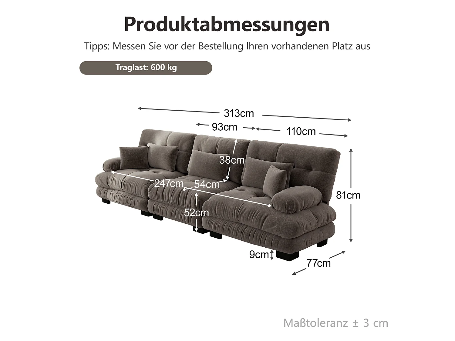Canapé modulable 3 places en chenille avec assise profonde - Marron