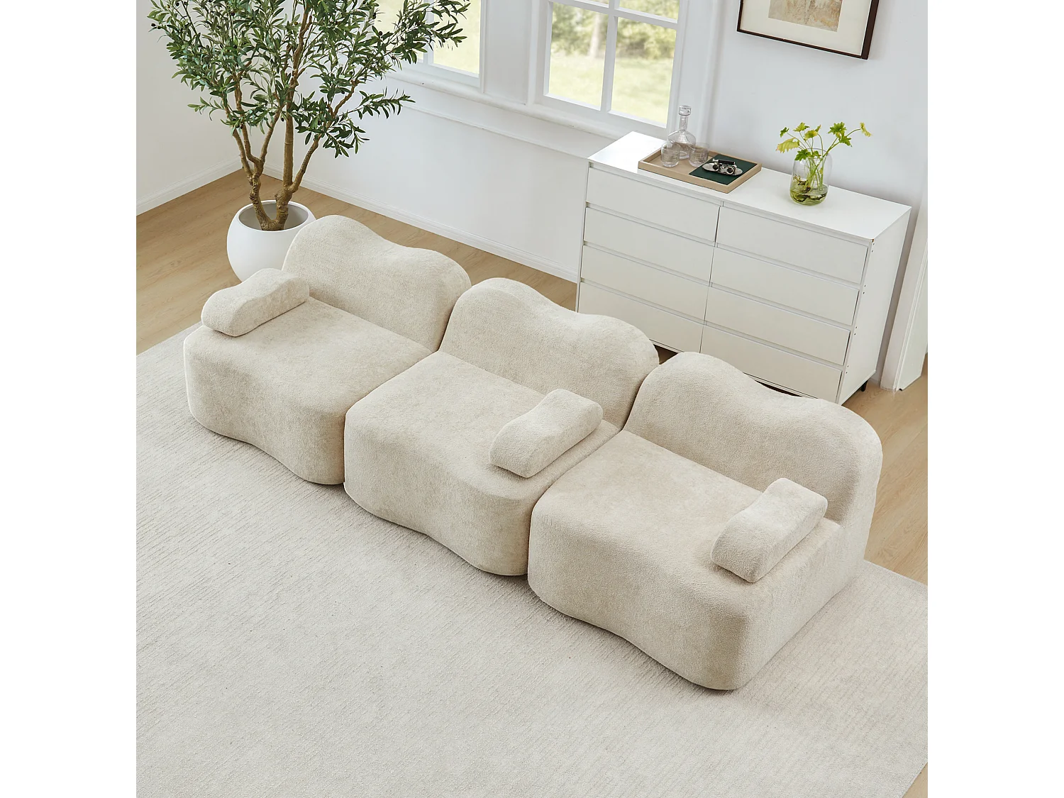 Canapé modulable 3 places en velours avec accoudoirs amovibles - Beige