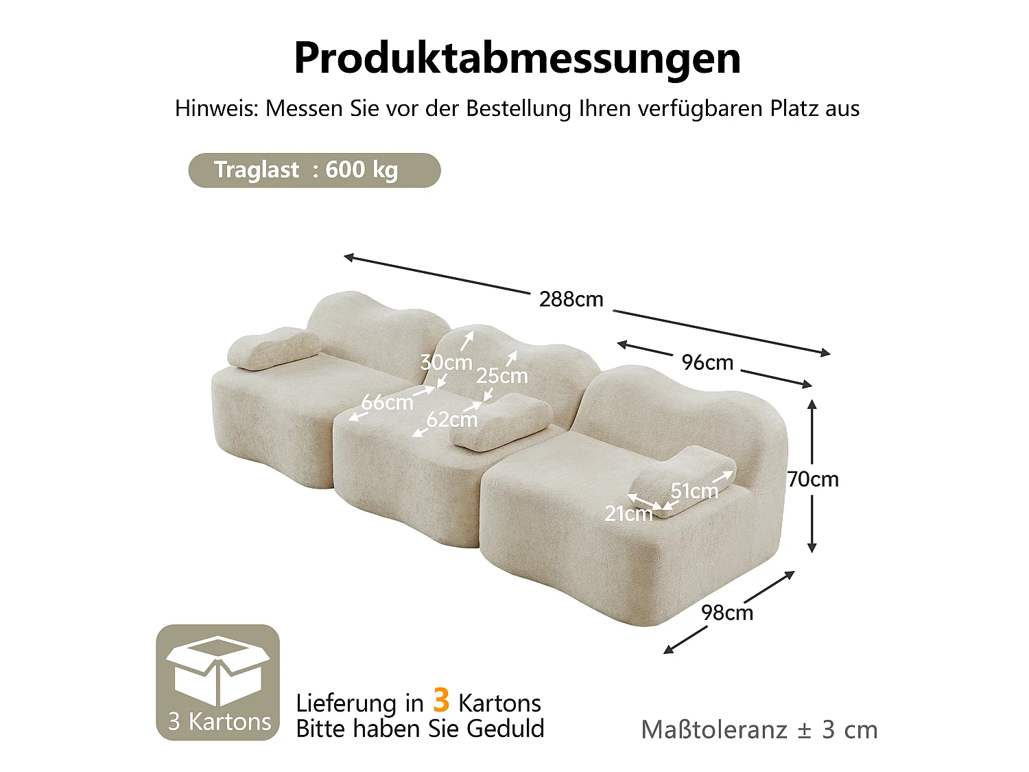 Canapé modulable 3 places en velours avec accoudoirs amovibles - Beige